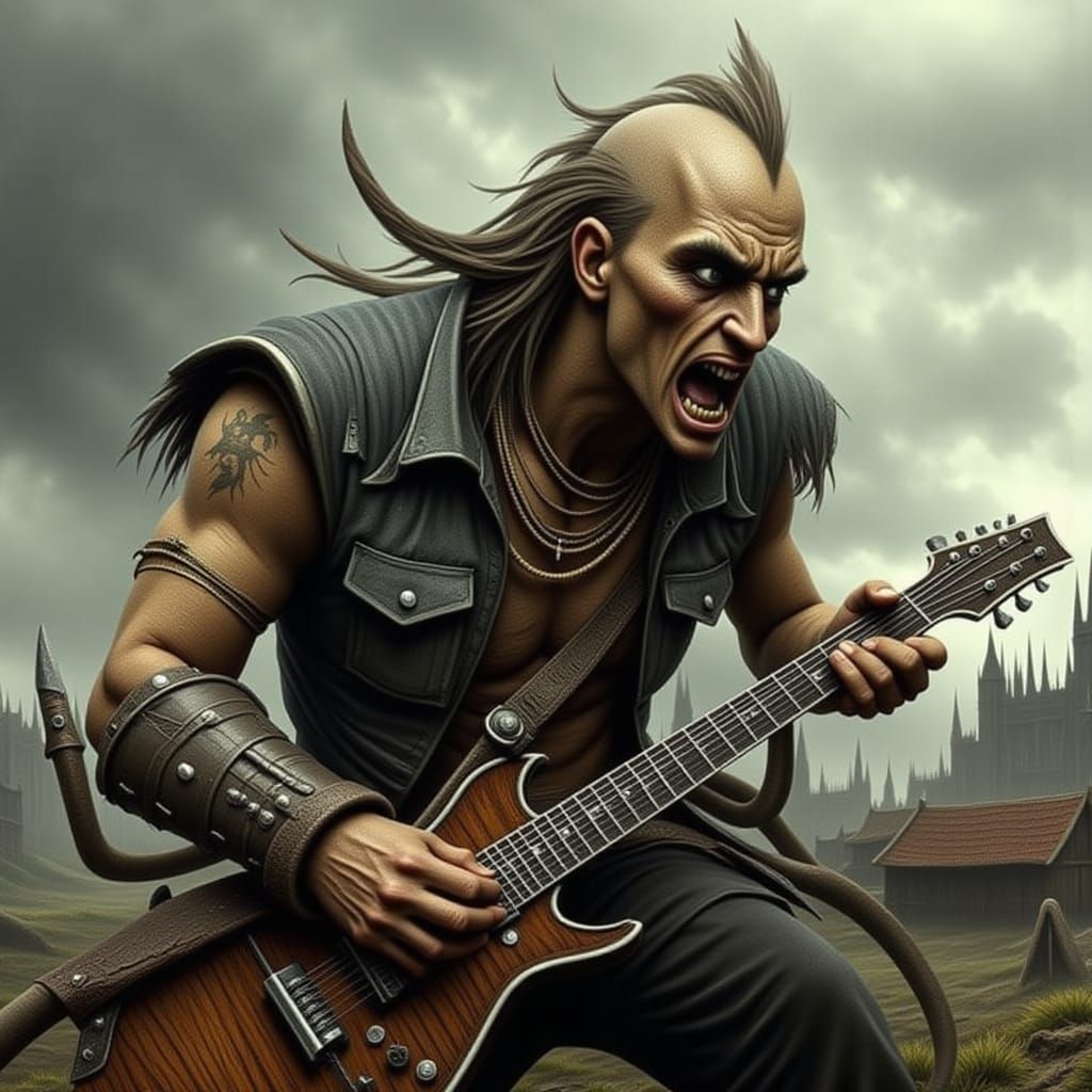 Giant Punk Rocker Plays Guitar for Tiny Village