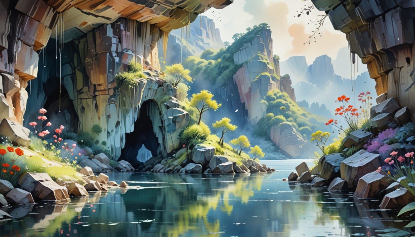Enchanting Spring Cave: A Watercolor Painting