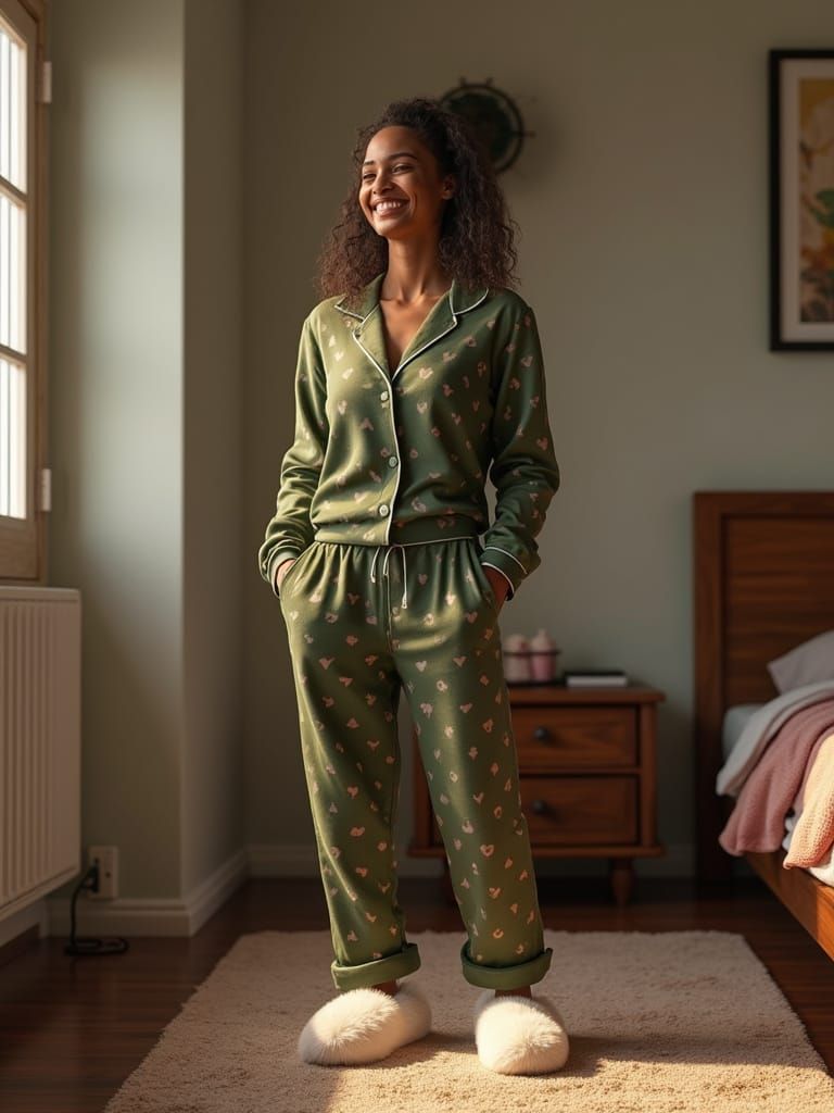 Cyberpunk Bedroom Scene: Woman in Flannel Pajamas Laughing