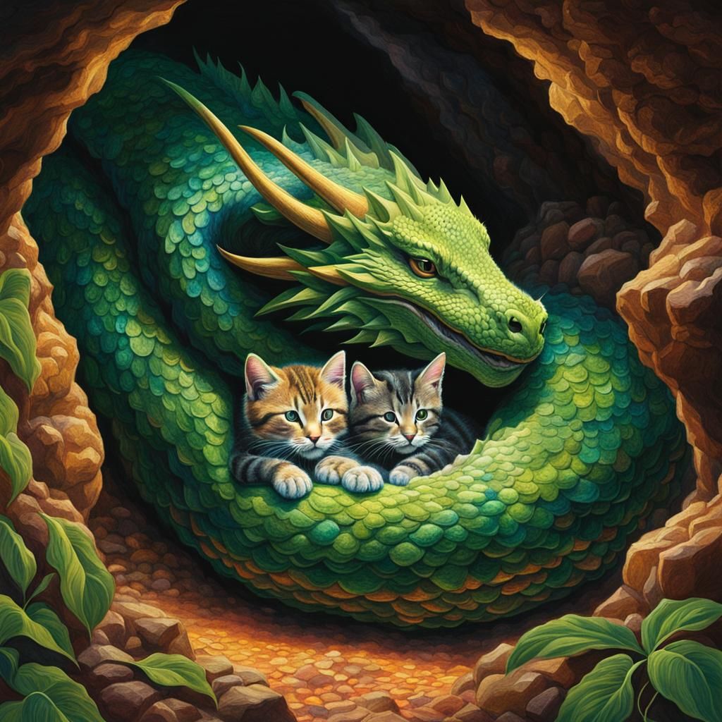 Dragon and Kitten Asleep in Cavern, Luminist Style