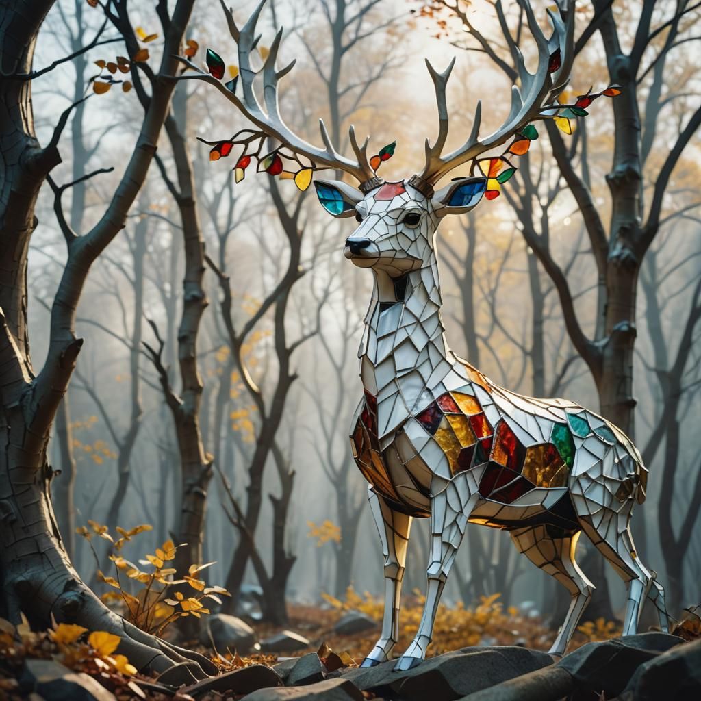 Biomechanical Stained Glass Deer in Stone Forest