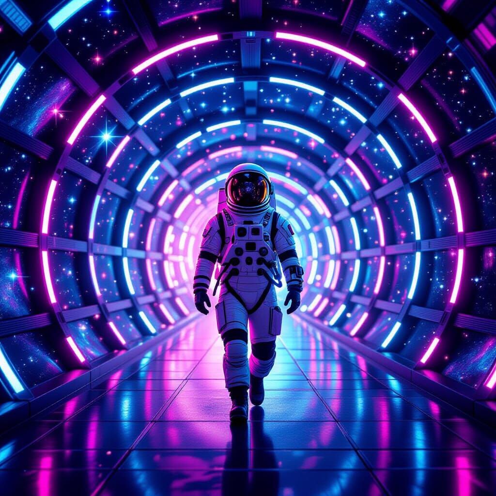 Astronaut in Neon Galaxy Tunnel: Sci-Fi Art