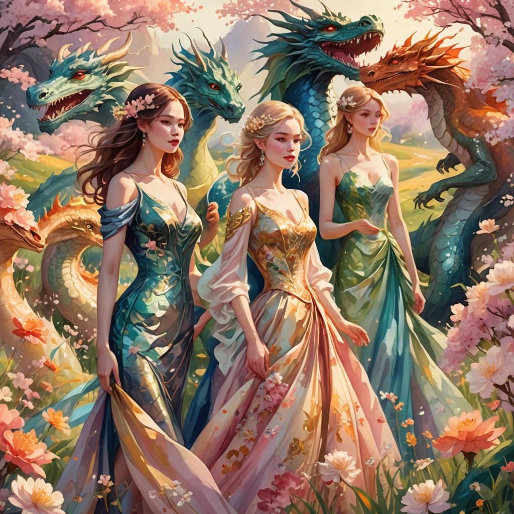 Elegant Women and Dragons in Floral Fantasy Art