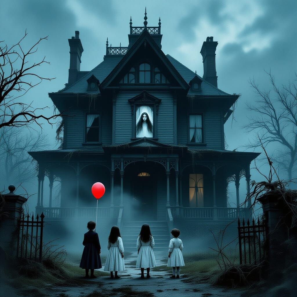 Haunted Victorian Mansion with Ghostly Woman and Red Balloon