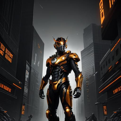 Cyberpunk Armored Figure in Chrome and Orange