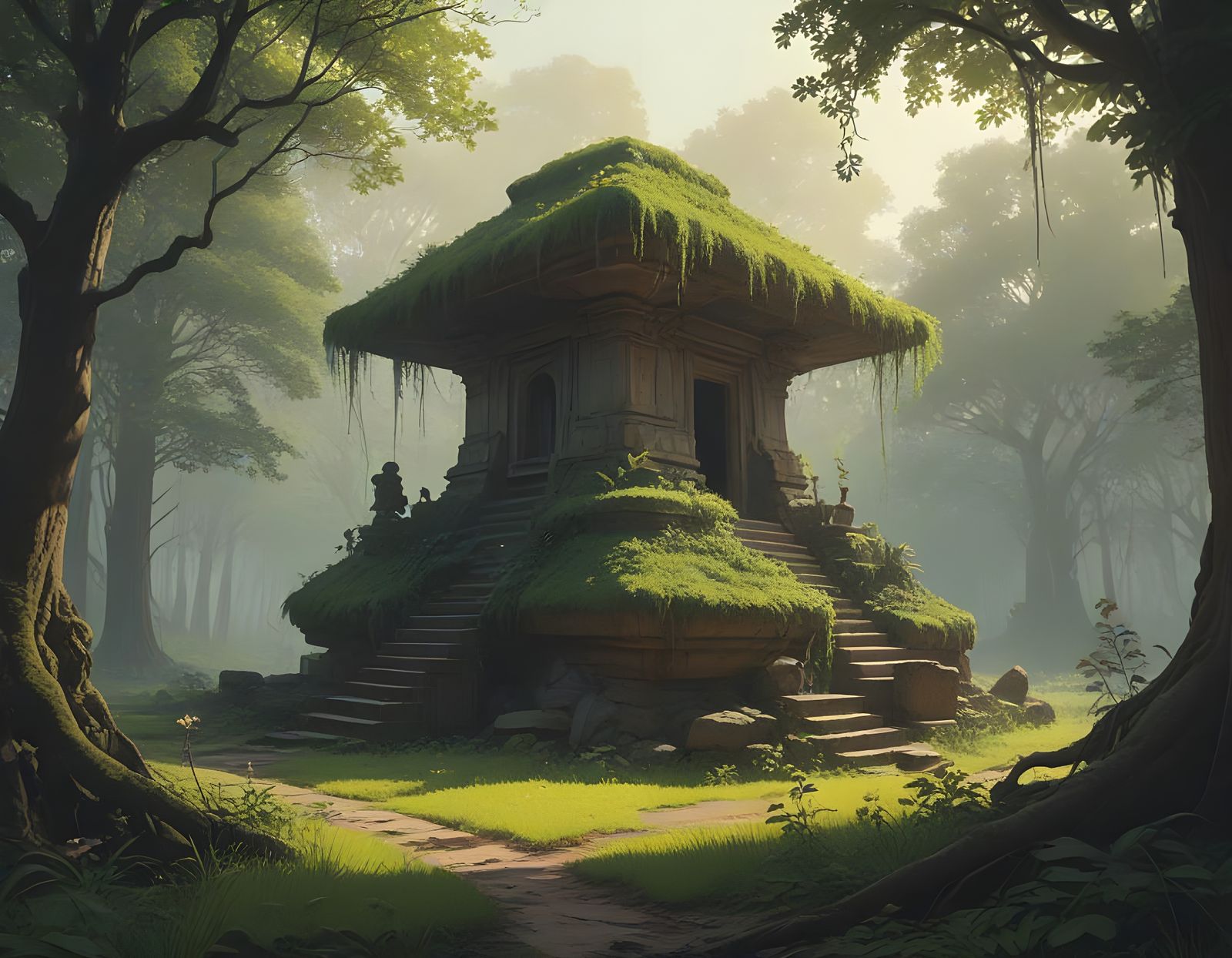 Ancient Temple Amidst a Vibrant Jungle in a Surrealist Style
