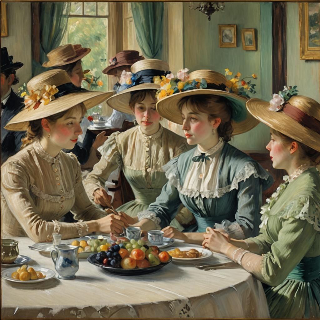 Impressionist Luncheon Scene with Women in Hats