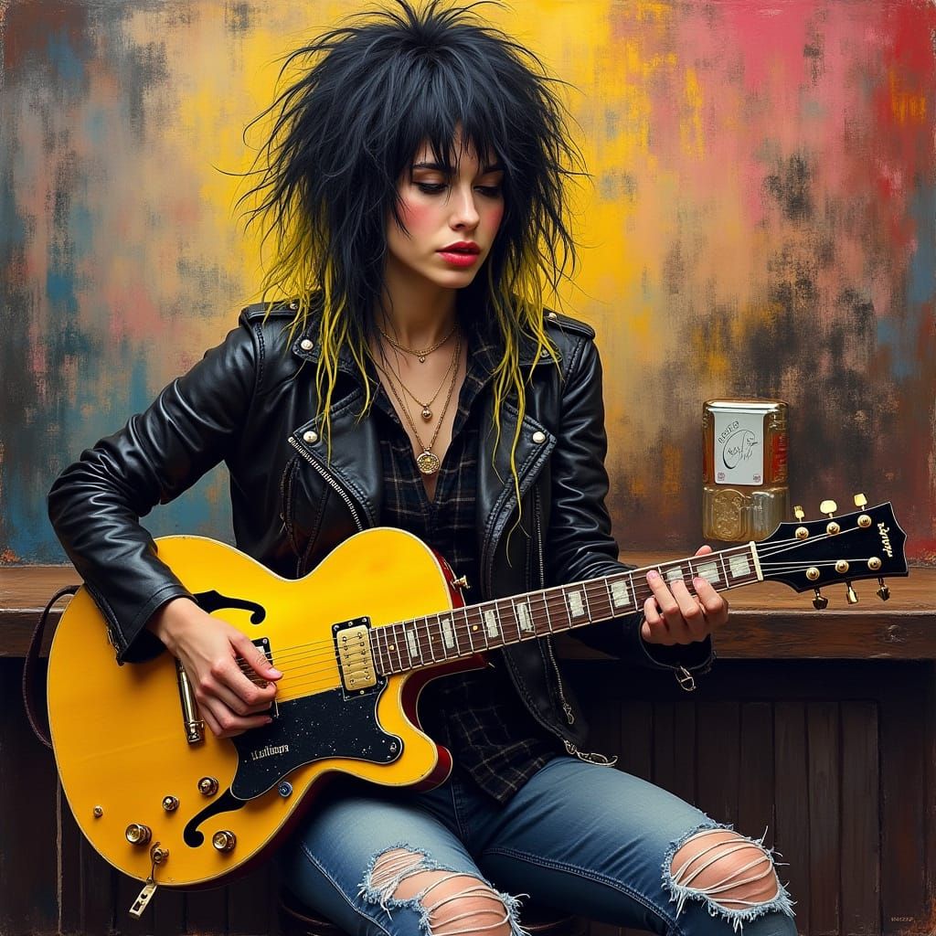Grunge Woman with Guitar in Expressive Coffee Painting Style