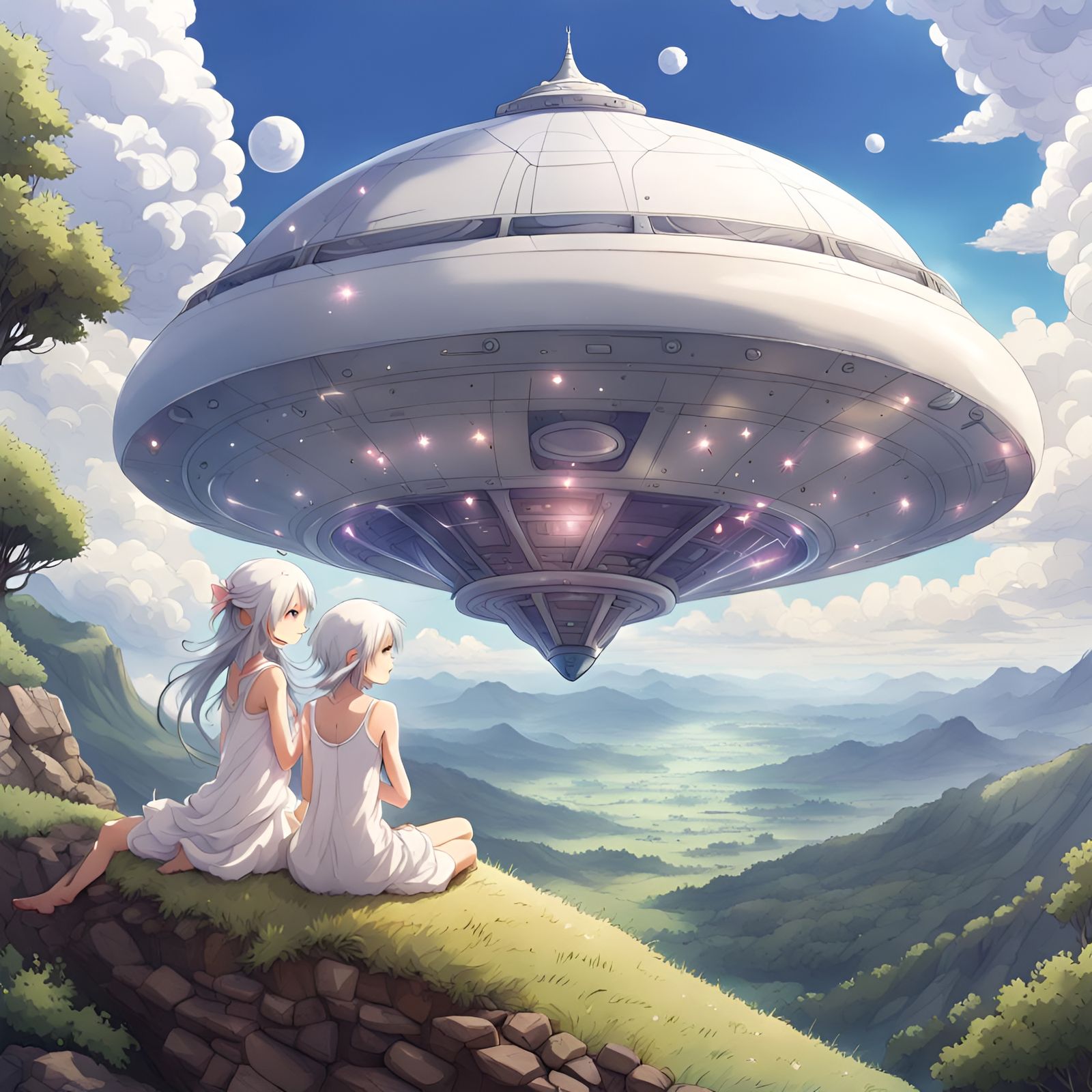 Fairies on UFO in Wonderland, Anime Style