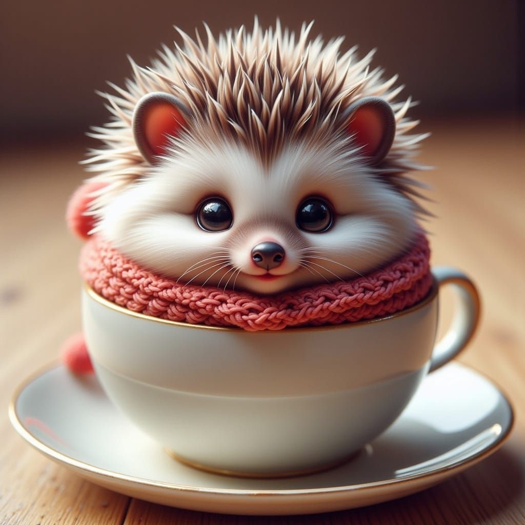 Hedgehog in Teacup with Scarf: Cute AI Art