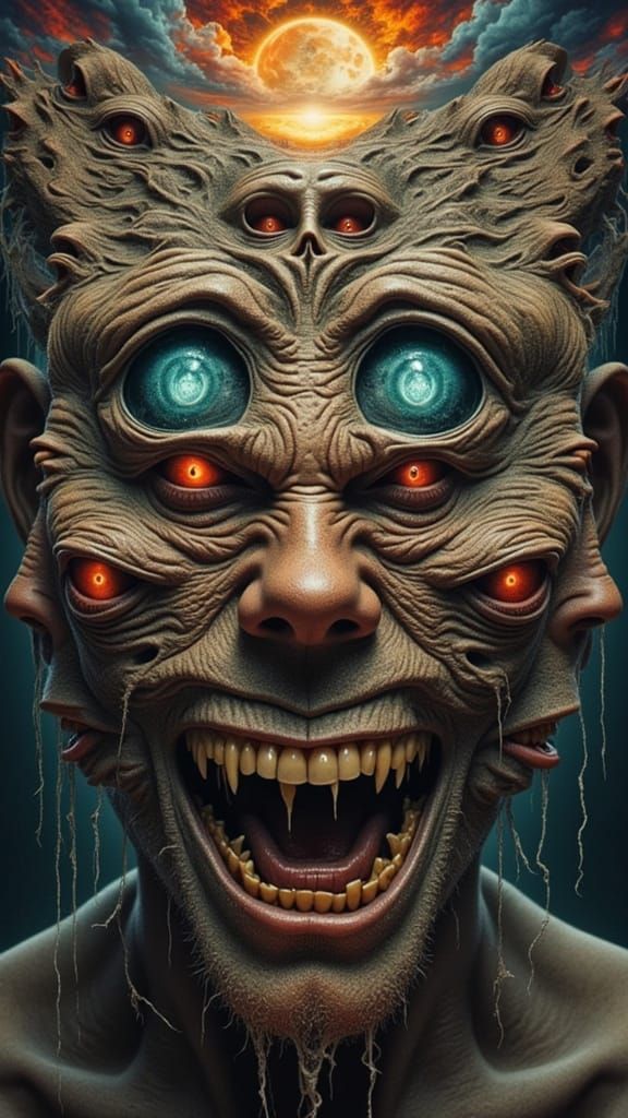Surreal Grinning Man with Fractal Faces