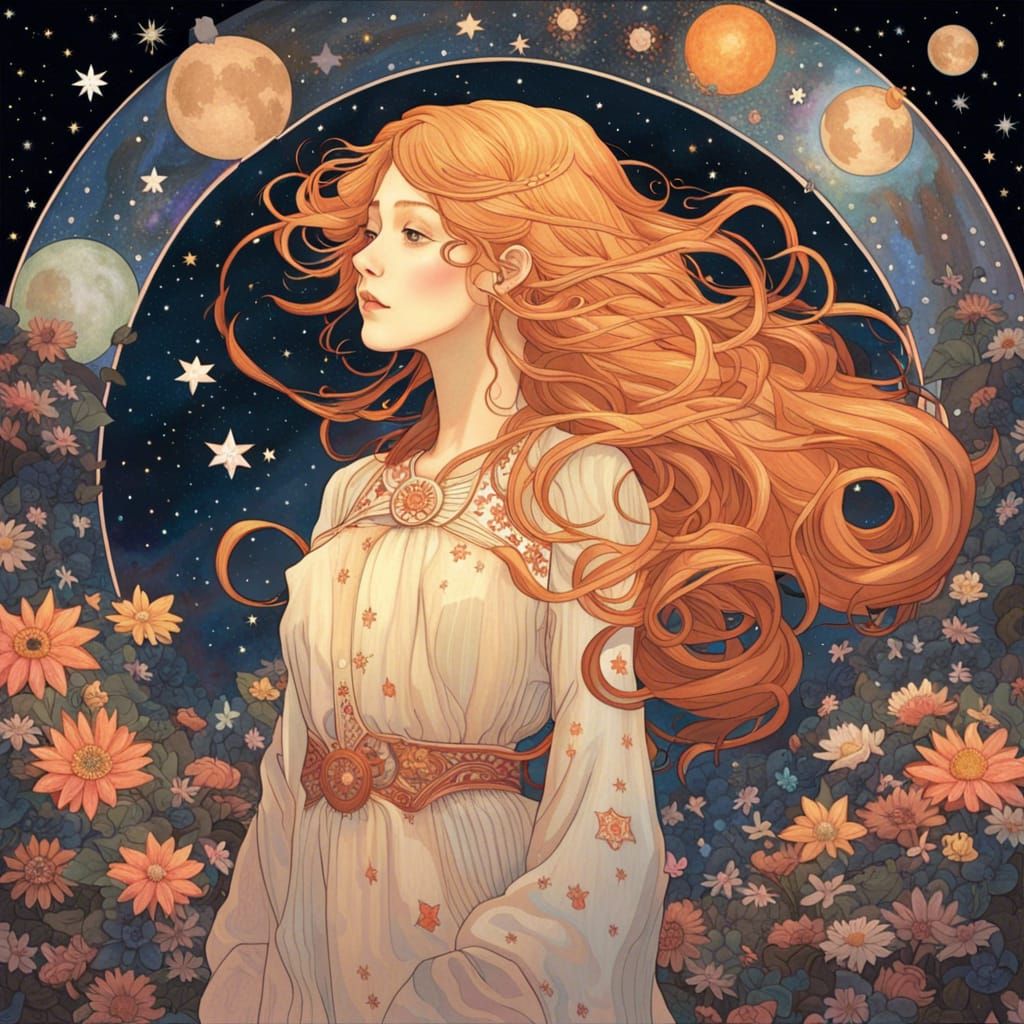 Strawberry Blonde Girl Floating in Galaxy, Digital Painting