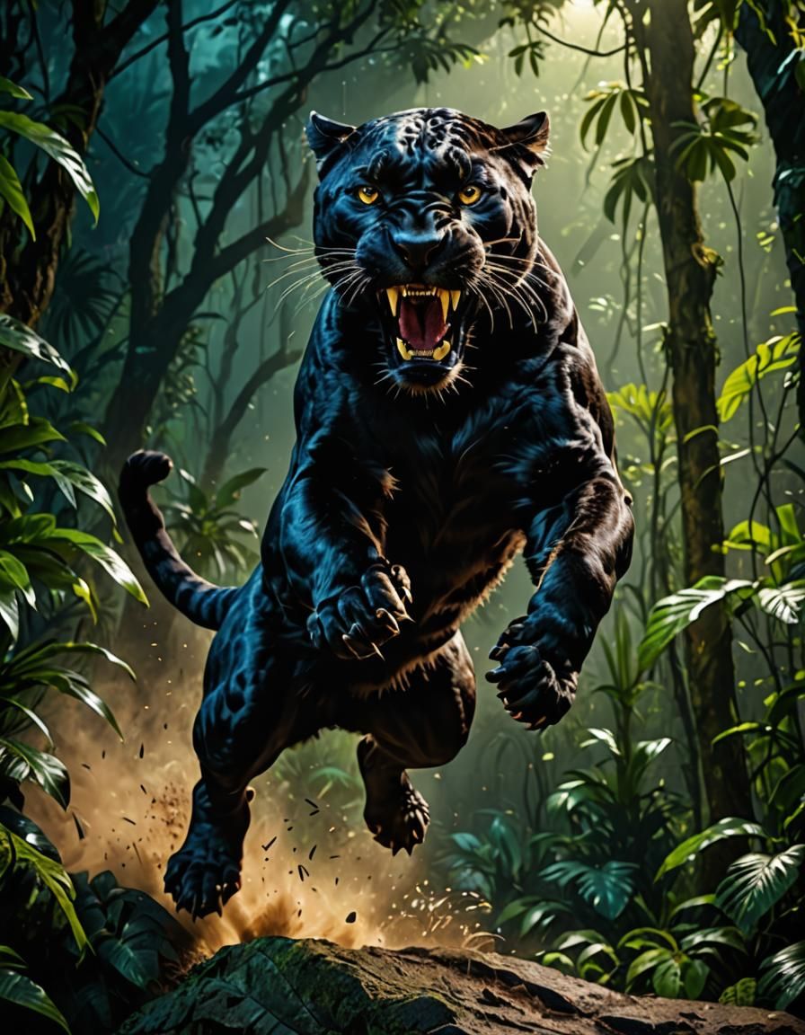 Angry Panther Jumps in Night Jungle: Hyper-Realistic Photo