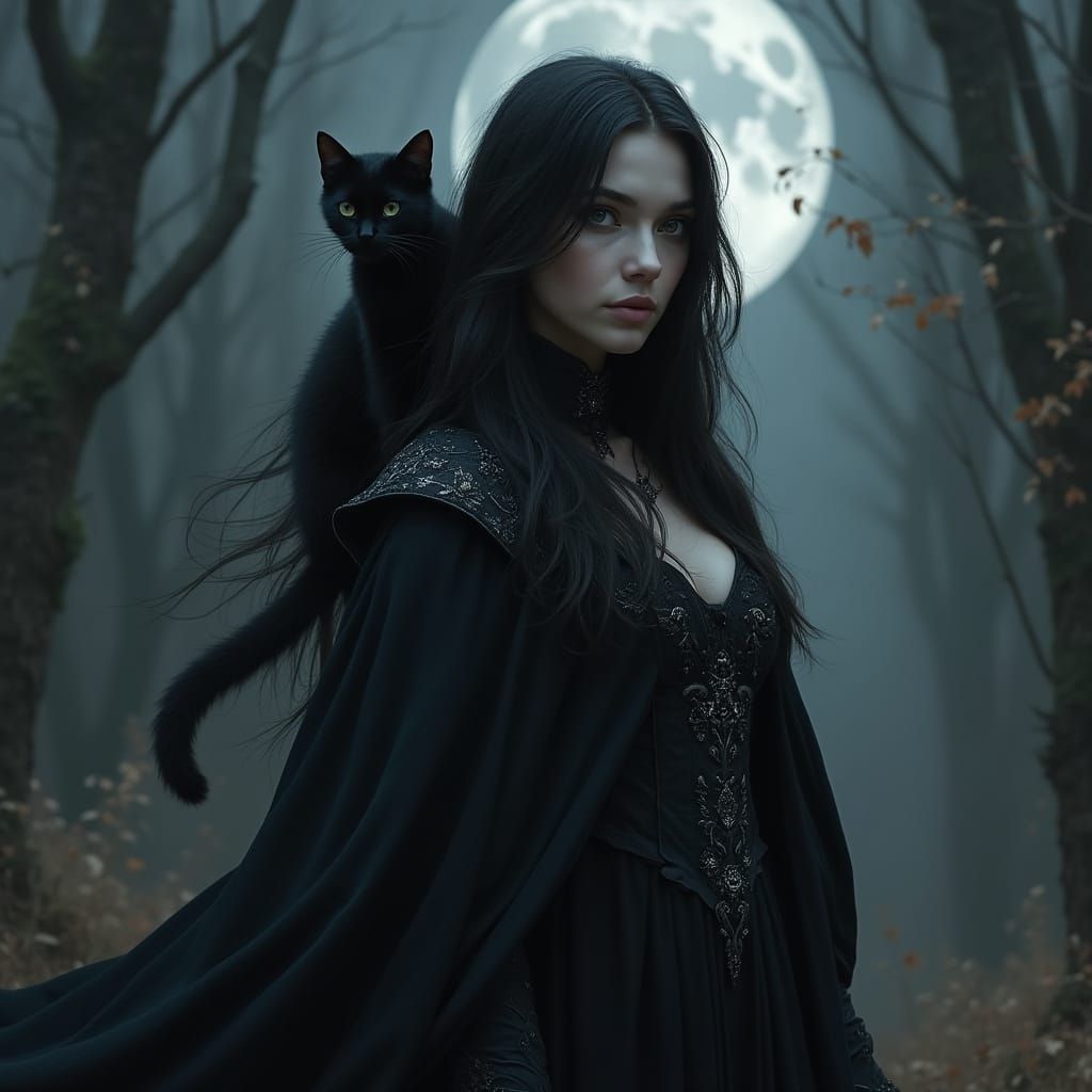 Regal Half Elf Warlock and Mysterious Familiar in Moonlit At...