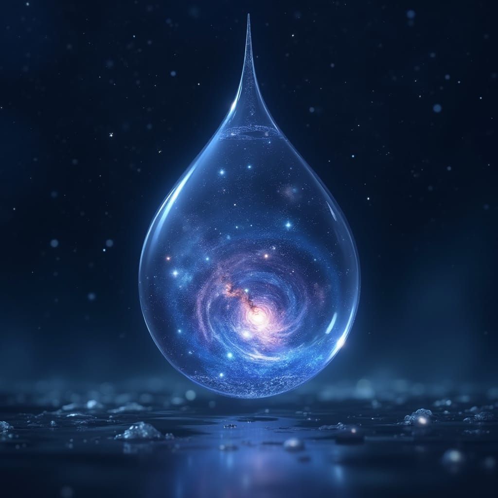 Glass Droplet Holds Swirling Galaxy in Anime Style