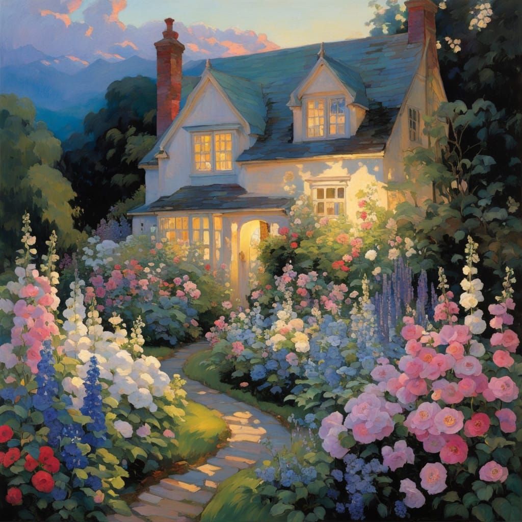 Ethereal English Garden Scene at Night