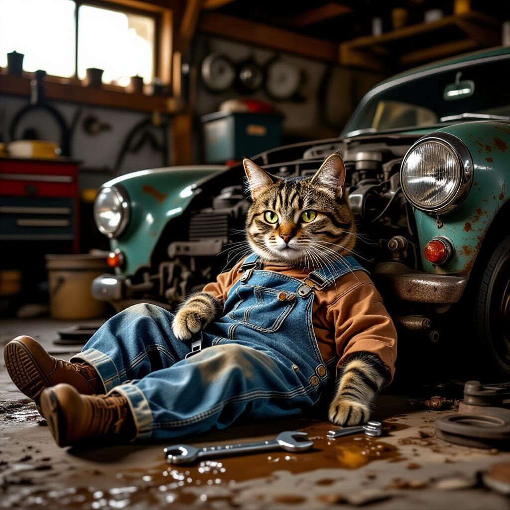 Tabby Cat Mechanic Under Vintage Car