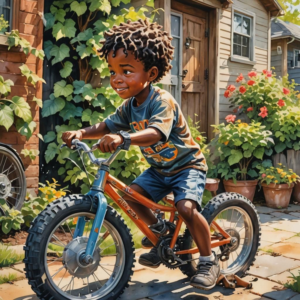 Boy Fixing Bike: Watercolor Photorealistic Illustration