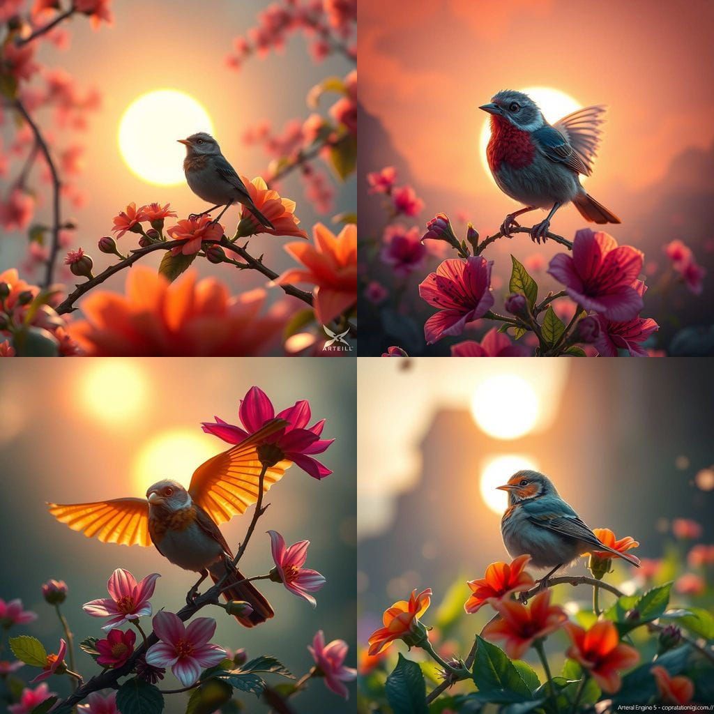 Little Bird with Flowers: Detailed Matte Painting