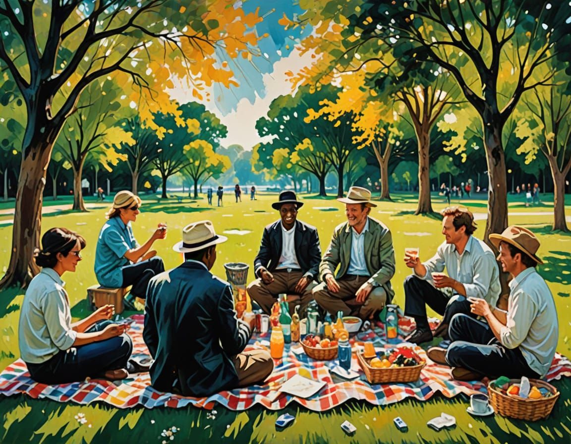 Joyful Whimsical Picnic Scene in Vibrant Colors