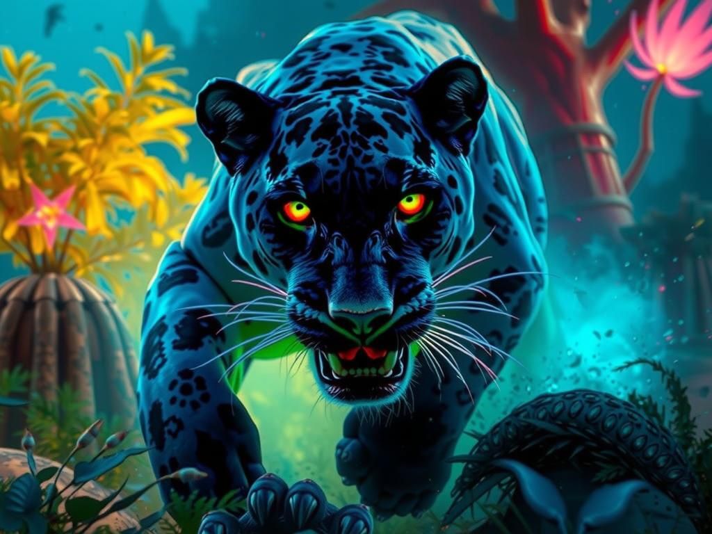 Fluorescent Panther Leaps Through Fantastical Environment