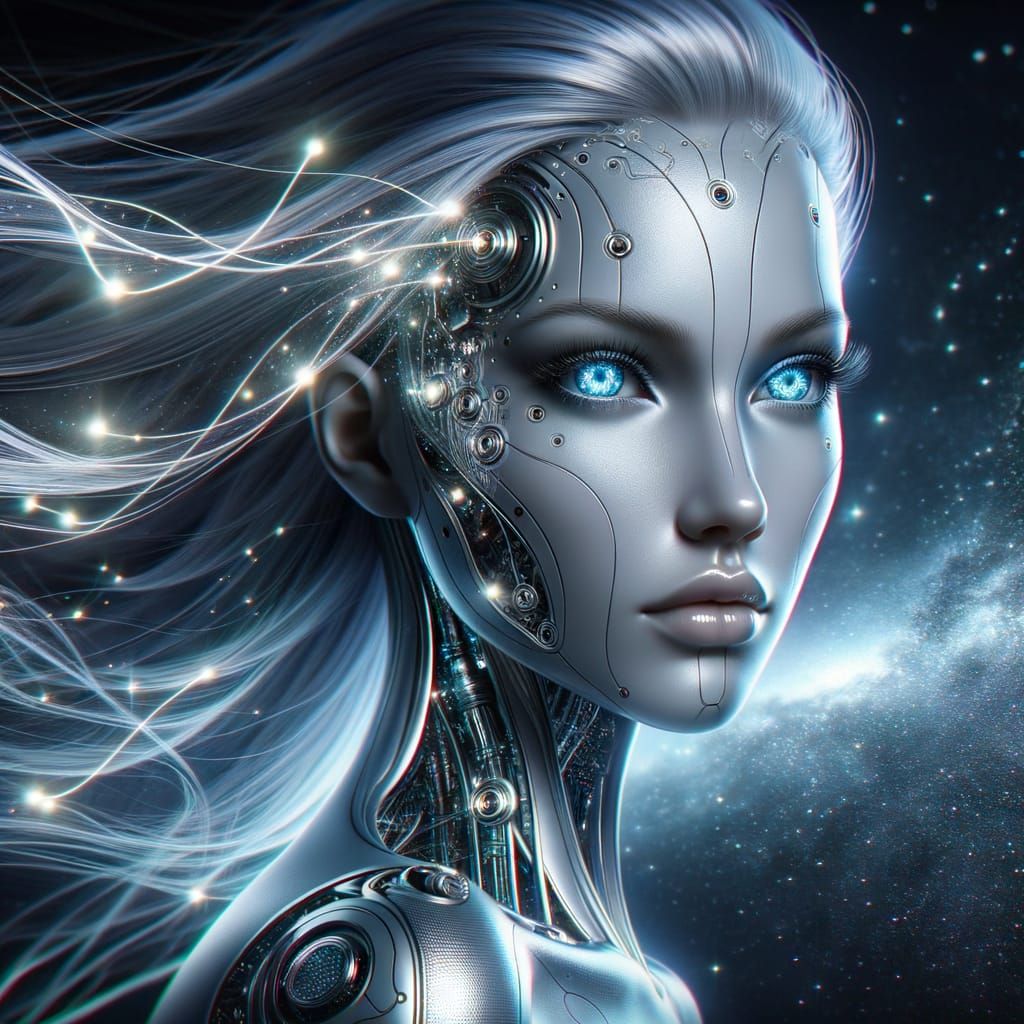 Sleek Android Goddess Amidst Starry Cosmic Skies