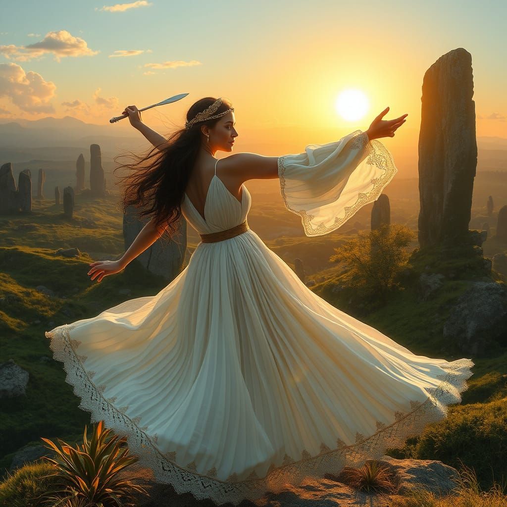 Ethereal Neolithic Goddess in Morning Sunlight
