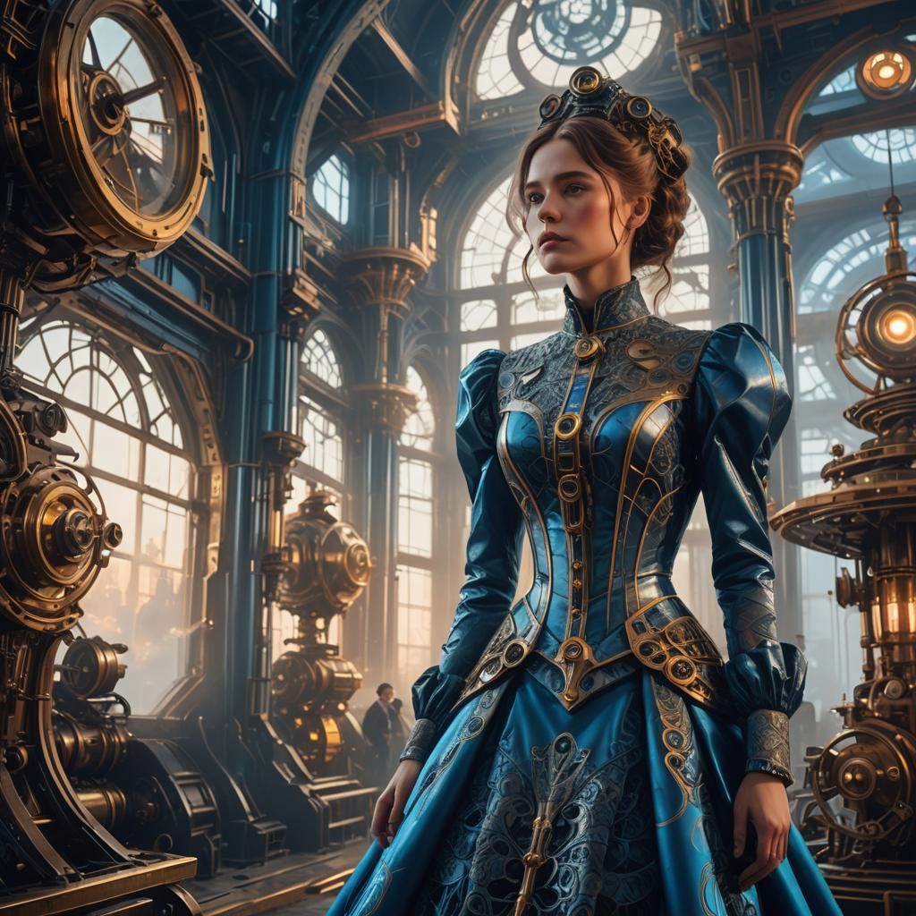 Futuristic Victorian Woman in Steam-Powered Room