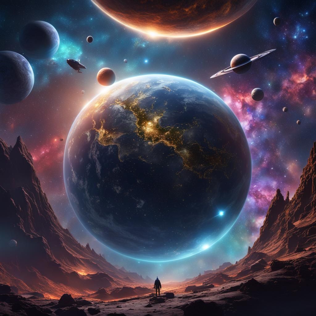 Space Book Floating in Galaxy: Detailed Matte Painting