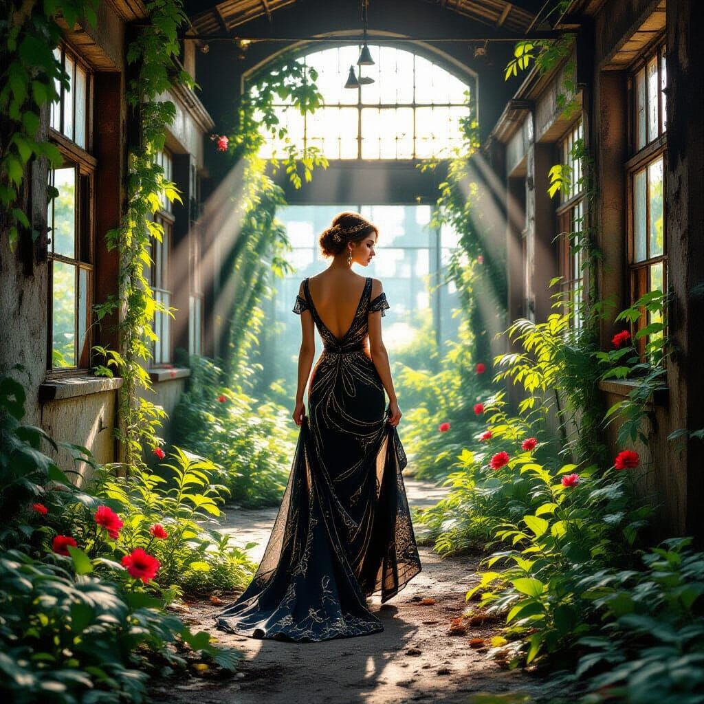 Art Deco Woman in Decaying Factory, Hyperrealistic