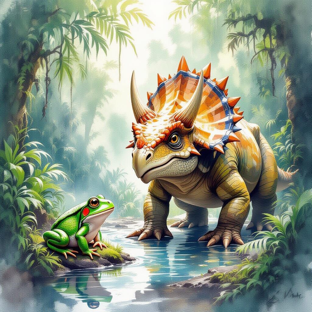 Frog and Triceratops in Lush Rainforest: Watercolour Art