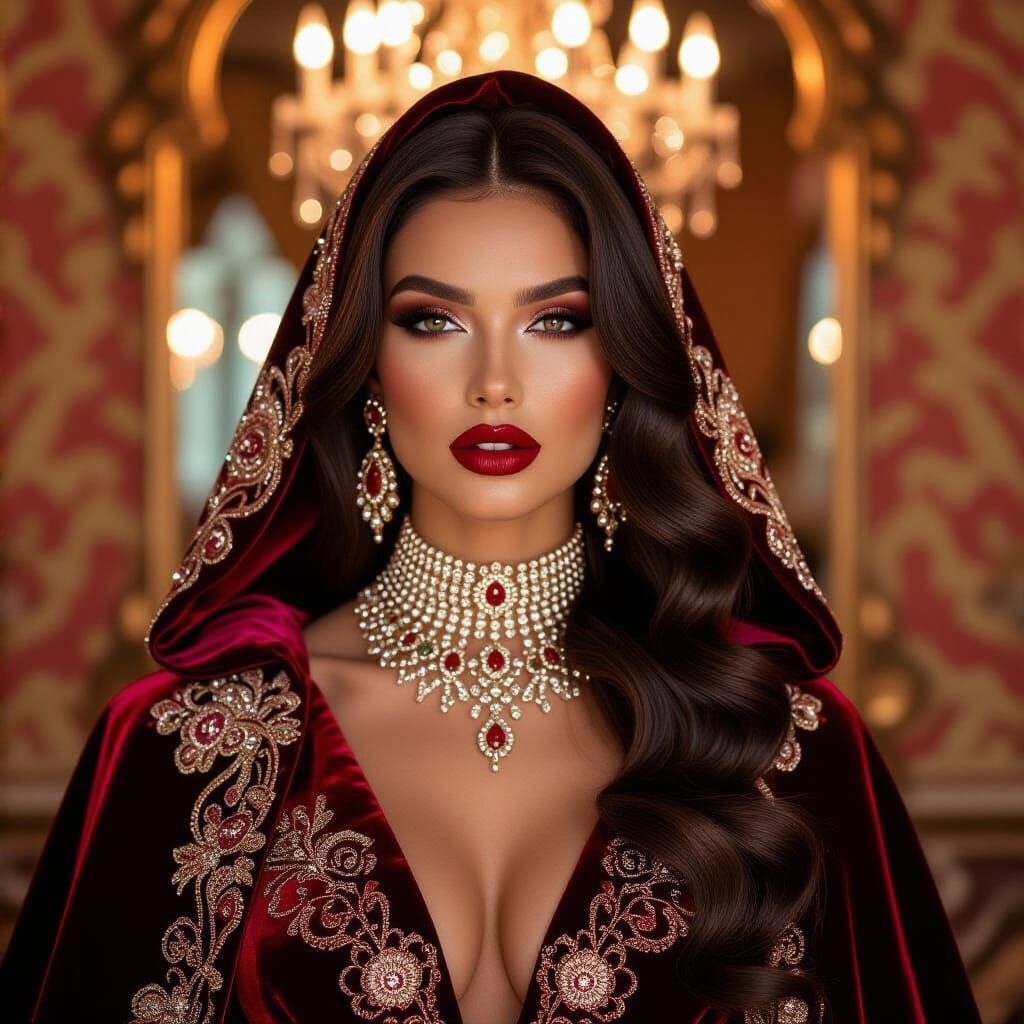 Raven Haired Beauty in Ornate Cloak with Diamond Jewelry