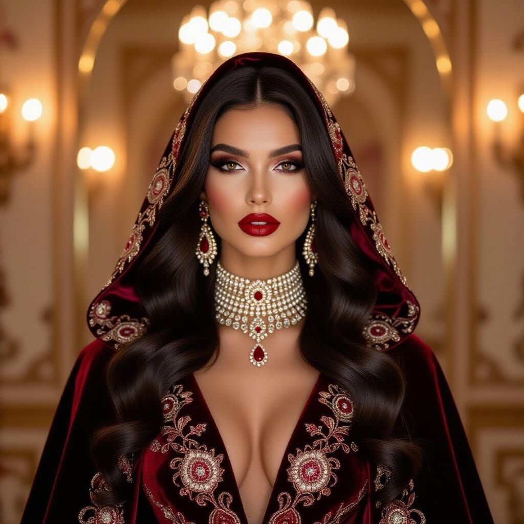 Fashion Portrait of Raven-Haired Beauty in Opulent Attire