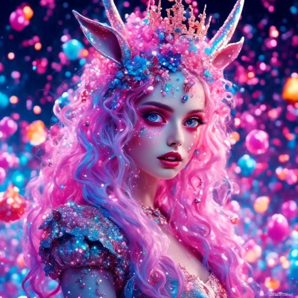 Bioluminescent Unicorn in Dreamcore Candyland: Glitterpunk A...