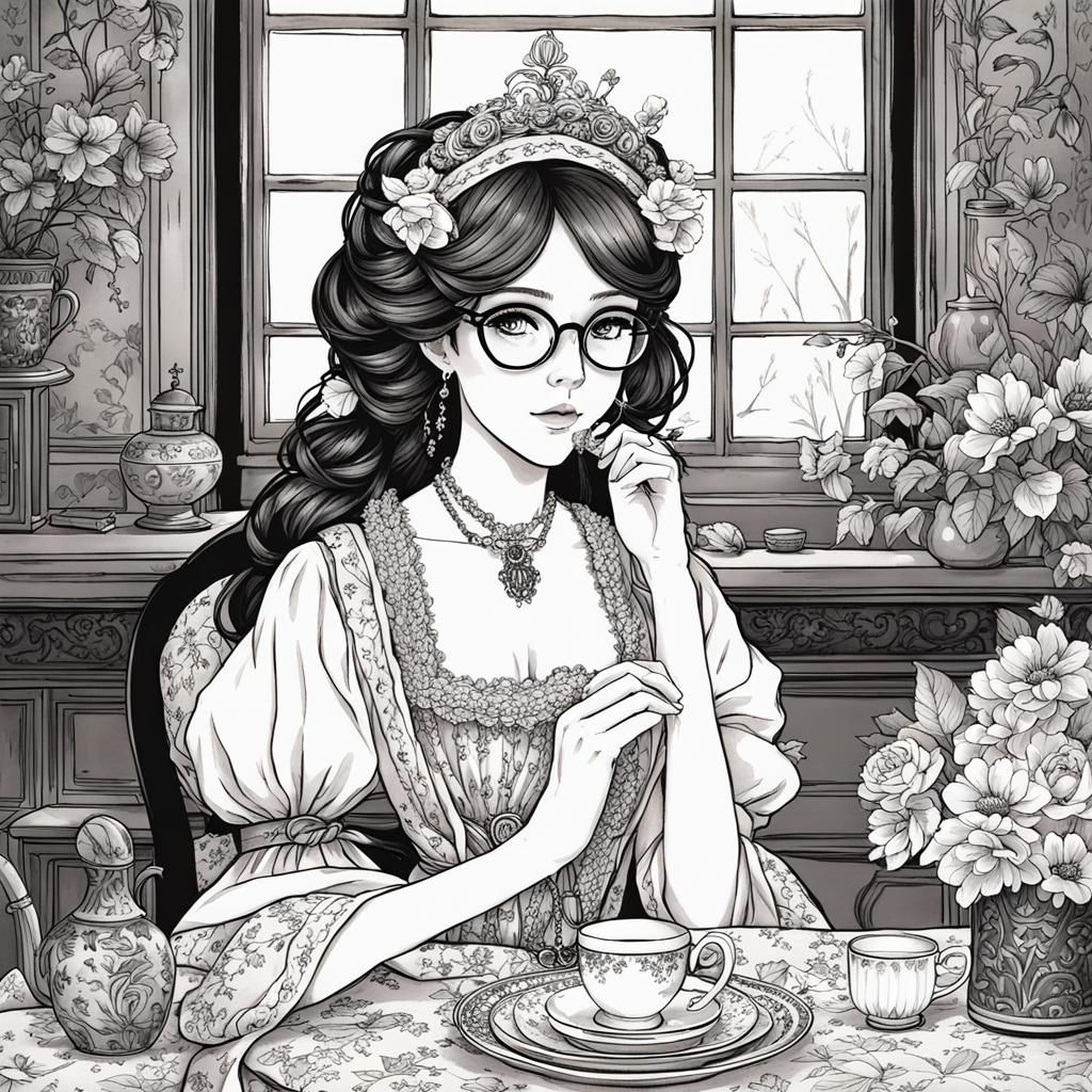 Anime Housewife with Hot Chocolate in Arte Povera Style