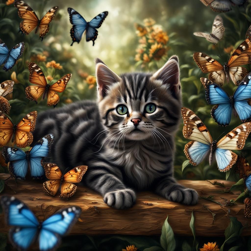 Hyperrealistic Kittens Mesmerized by Butterflies