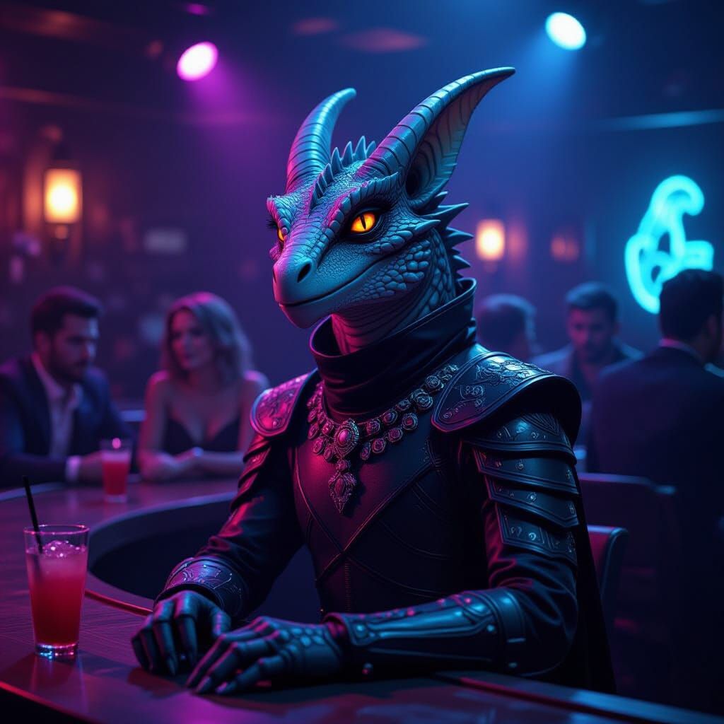 Argonian Partying in a Cyberpunk Nightclub