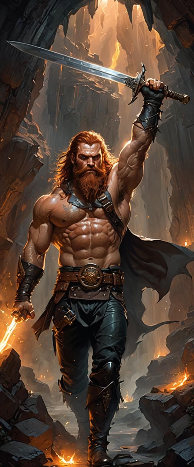 Muscular Dwarf Warrior in Glowing Cavern, Fantasy Art