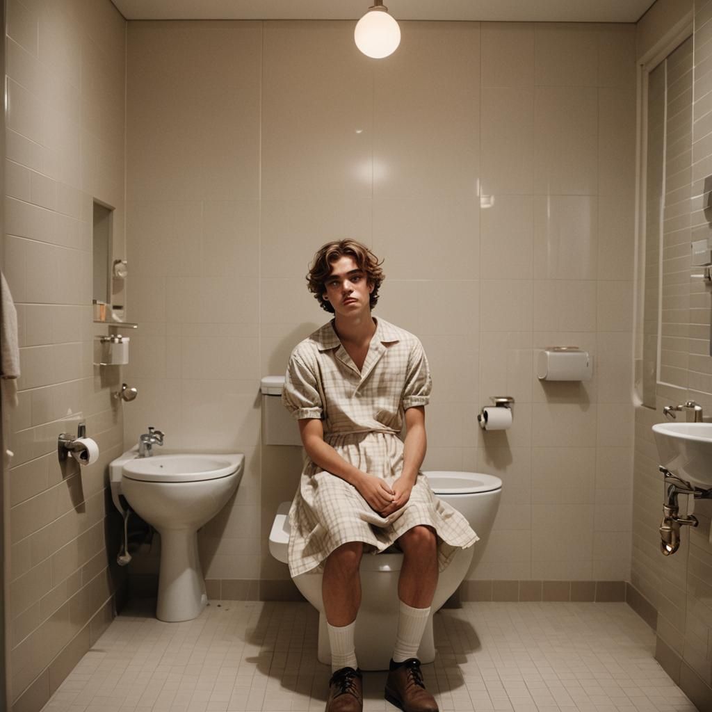 Boy in Plaid Dress in Luxurious Bathroom, Cinematic Still