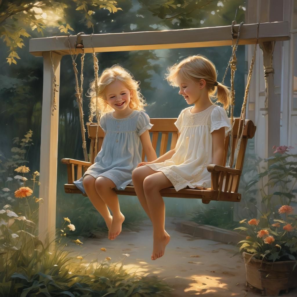 Siblings Laughing on Porch Swing, Illustrative Art