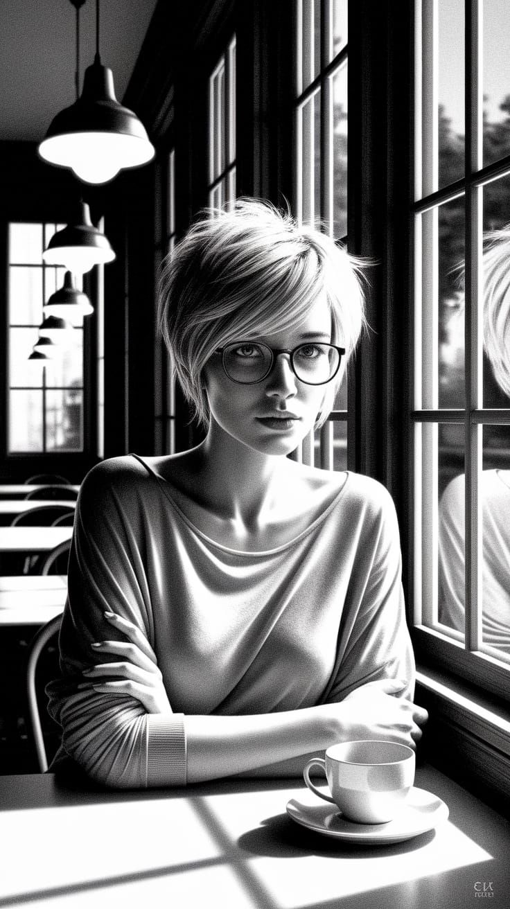 Softly Lit Café Scene in Monochromatic Pencil Drawing