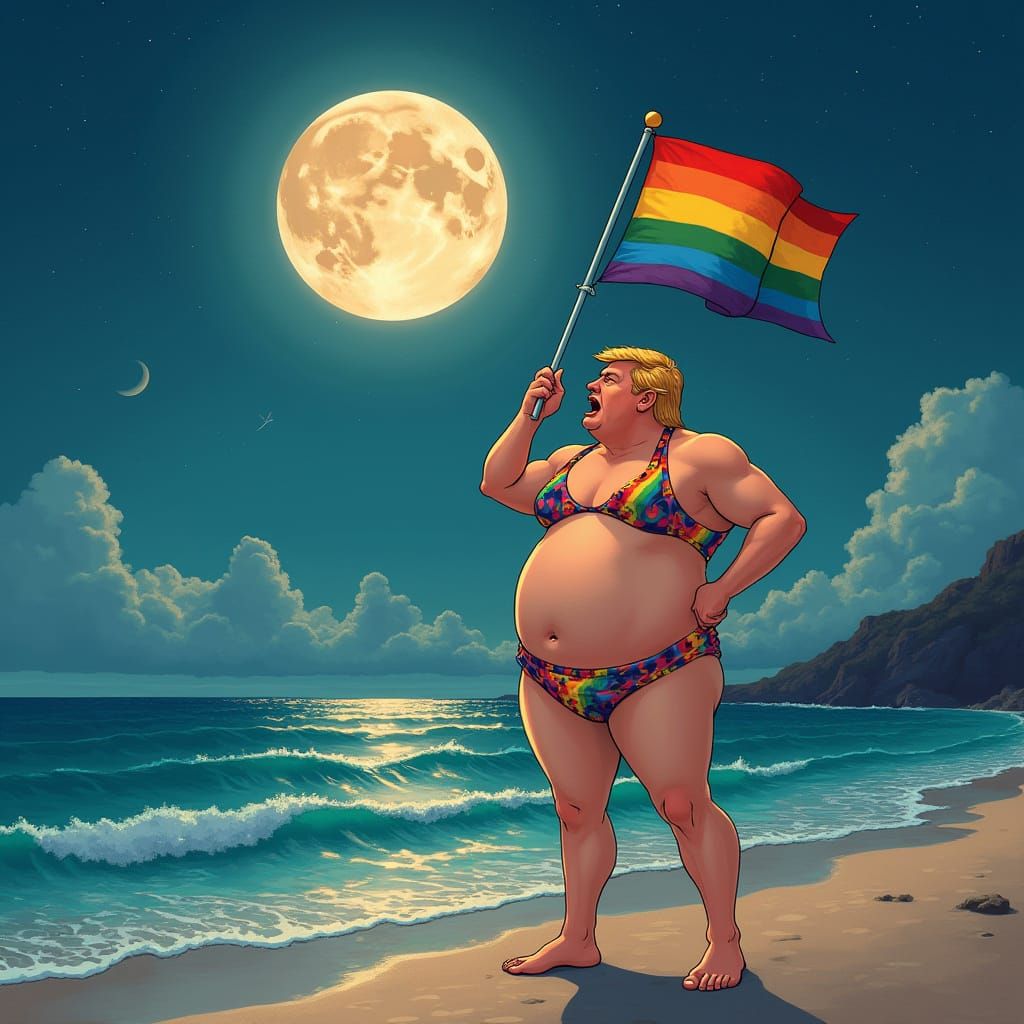 Figure in Mankini with Pride Flag, Pop Surrealism