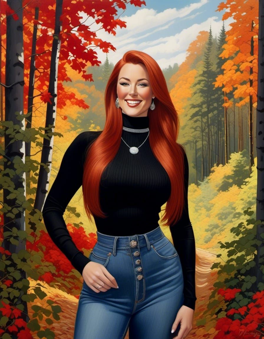 Enticing Irish Woman in Forest, Colored Charcoal Drawing