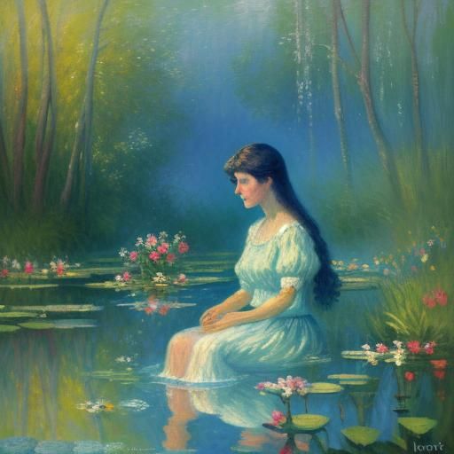 Impressionist Woman Bathing in Pond with Vibrant Oils