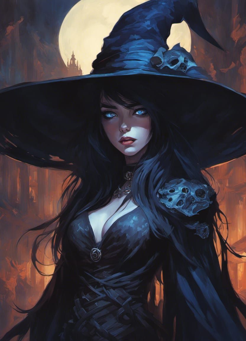 Death Witch with Glowing Eyes in Dark Shadows