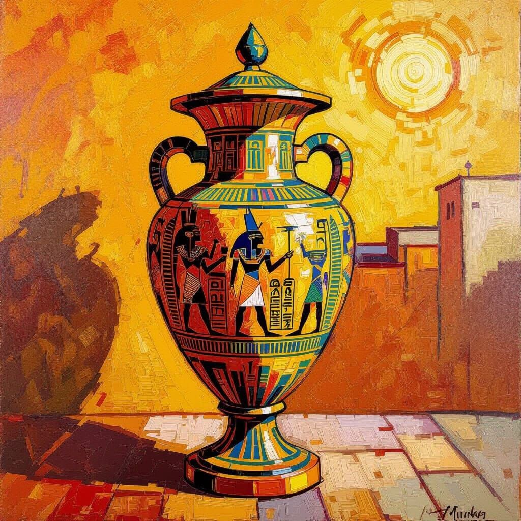 Golden Egyptian Urn in Expressionist Impasto Style