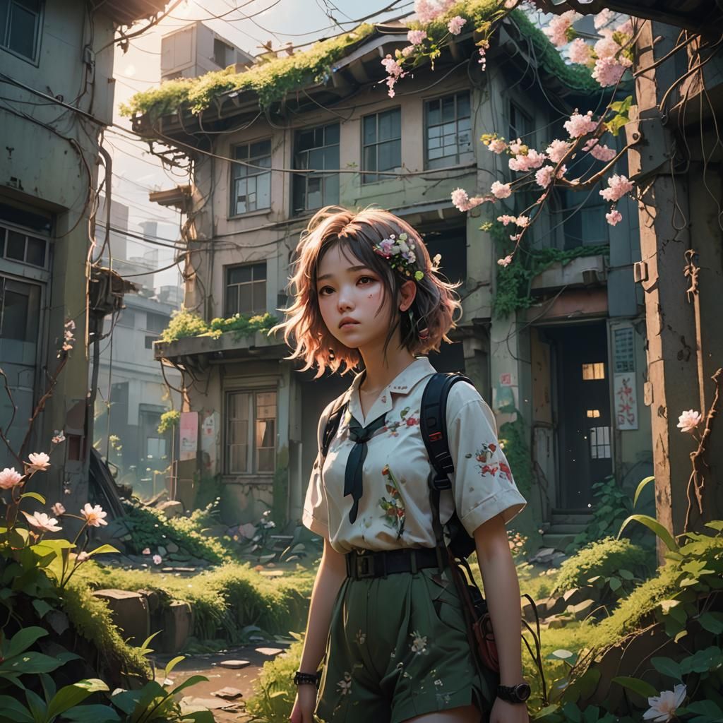 Kawaii Woman in Post-Apocalyptic Cityscape
