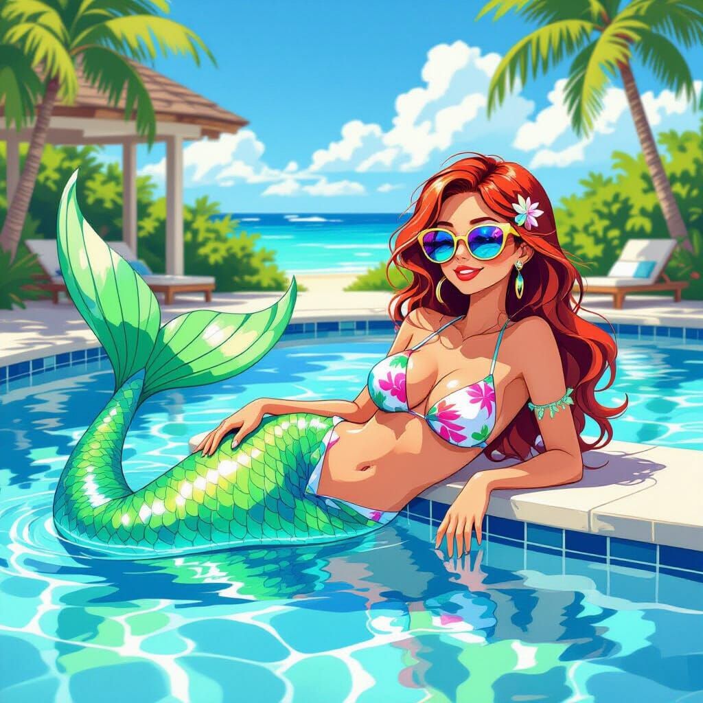 Mermaid Lounging by Pool in Vibrant, Bold Style