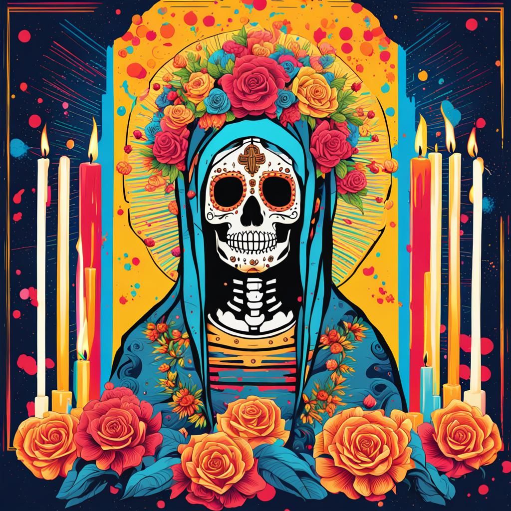 Cyberpunk Sugar Skull Virgen de Guadalupe Art