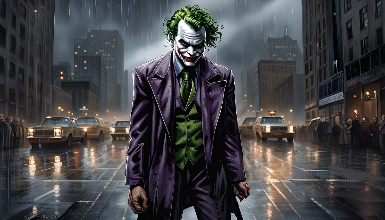 The Joker in a Dark, Rainy Cityscape